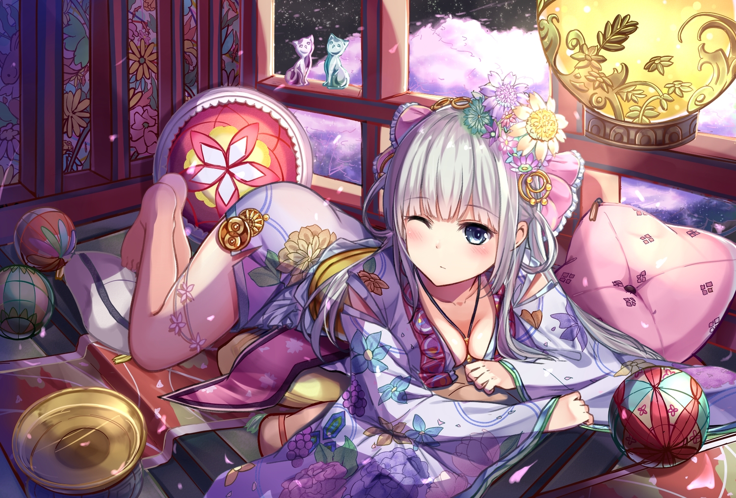 barefoot, blue_eyes, blush, breasts, cleavage, flowers, gray_hair, headdress, japanese_clothes, karumayu, long_hair, original