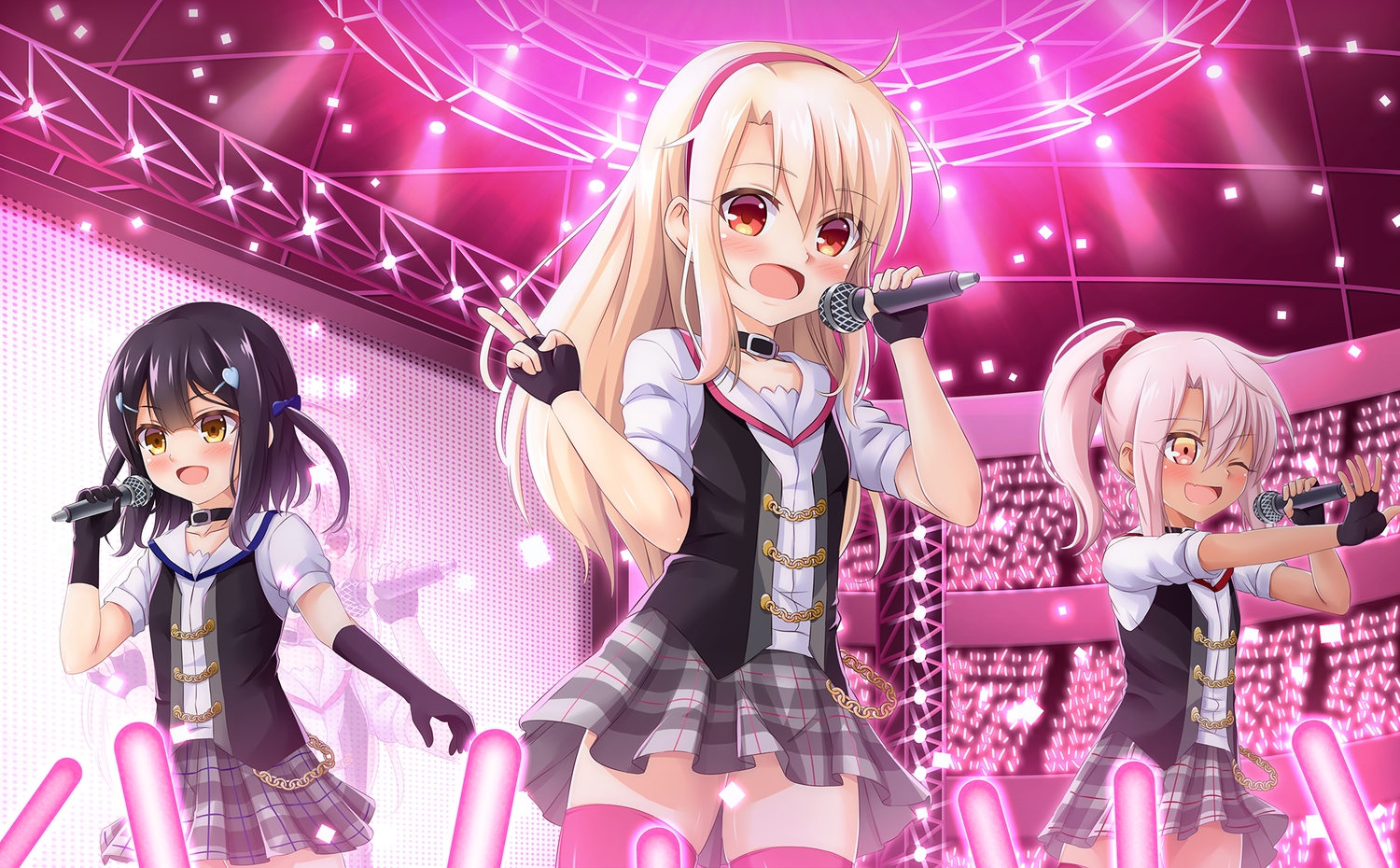 black_hair, blonde_hair, blush, chloe_von_einzbern, choker, elbow_gloves, fate/kaleid_liner_prisma_illya, fate_(series)