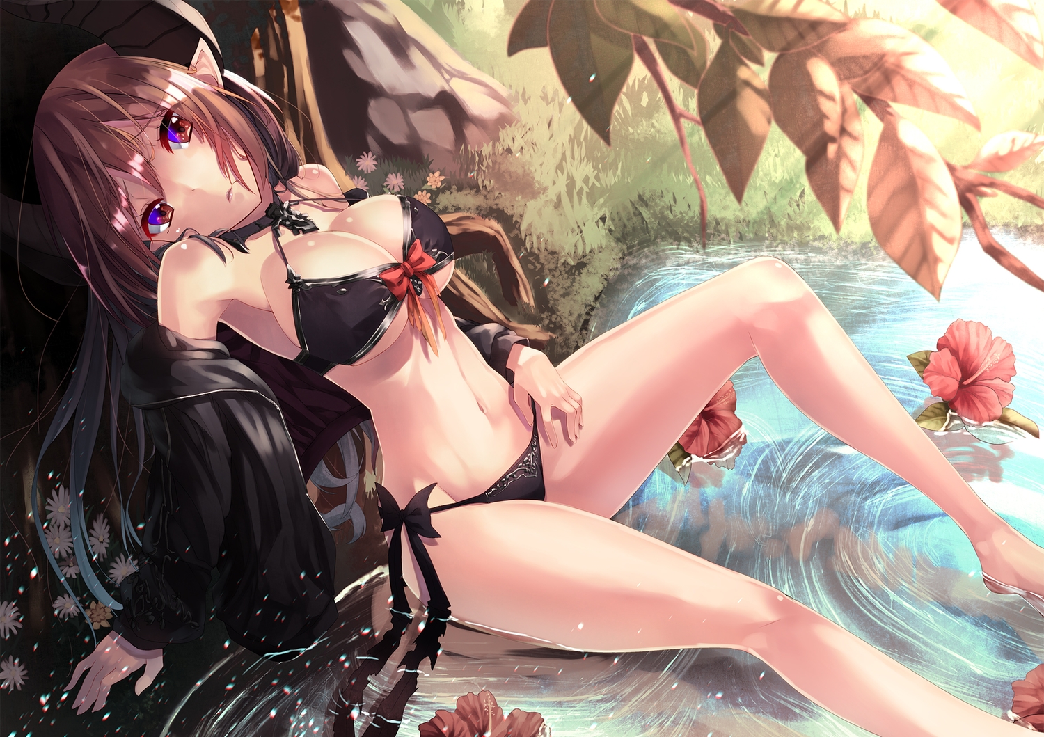 barefoot, bikini, bow, breasts, brown_hair, choker, cleavage, flowers, forte_(shingeki_no_bahamut), granblue_fantasy, horns, long_hair, navel, pointed_ears, red_eyes, ribbons, saraki, shingeki_no_bahamut, swimsuit, water