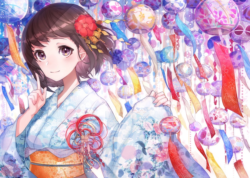 blush, brown_eyes, brown_hair, flowers, japanese_clothes, mika_pikazo, original, short_hair