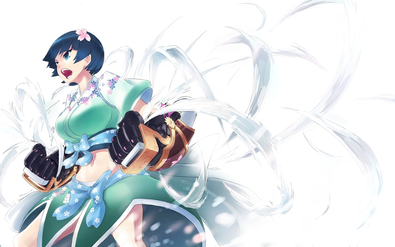 blue_eyes, blue_hair, japanese_clothes, navel, senran_kagura, short_hair, weapon, white, yozakura_(senran_kagura), zeta