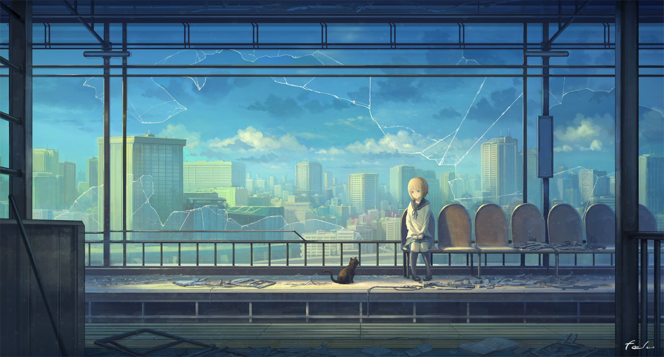 animal, blonde_hair, building, cat, city, clouds, feel_(nasitaki), kneehighs