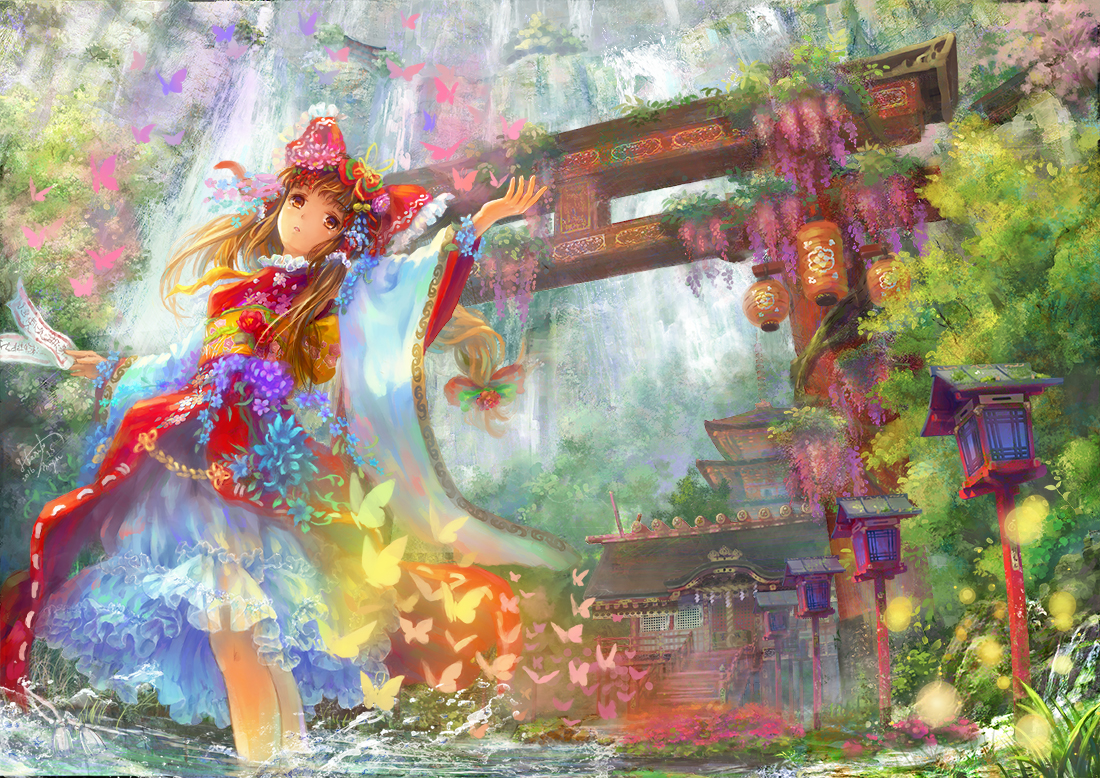 animal, brown_hair, butterfly, flowers, hakurei_reimu, japanese_clothes, miko, miyai_haruki
