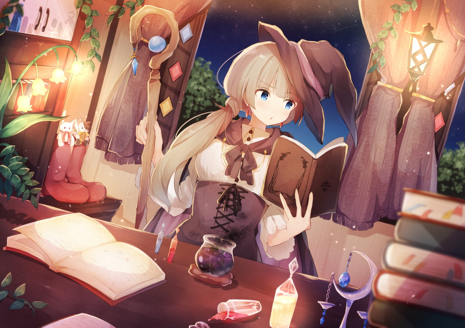 aqua_eyes, blonde_hair, blush, book, dress, flowers, hat, hiiragi_souren