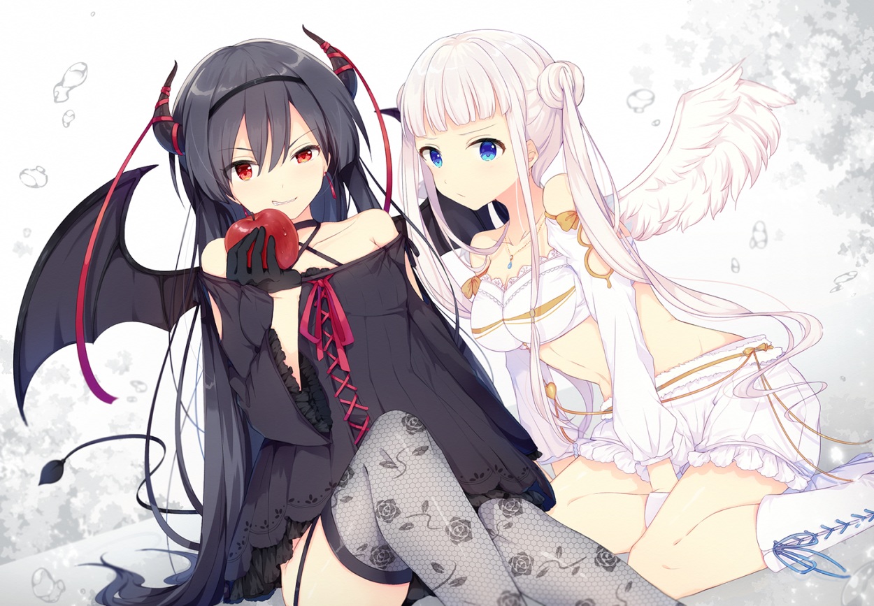 2girls, apple, aqua_eyes, black_hair, bloomers, boots, breasts, bubbles, demon, food, fruit, garter_belt, gloves, hiiragi_souren, horns, long_hair, navel, original, red_eyes, ribbons, tail, thighhighs, twintails, white, white_hair, wings