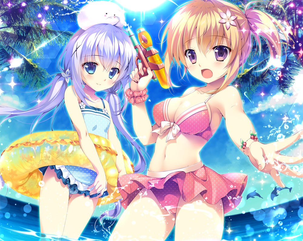 2girls, animal, bikini, blue_eyes, blue_hair, blush, breasts, bubbles