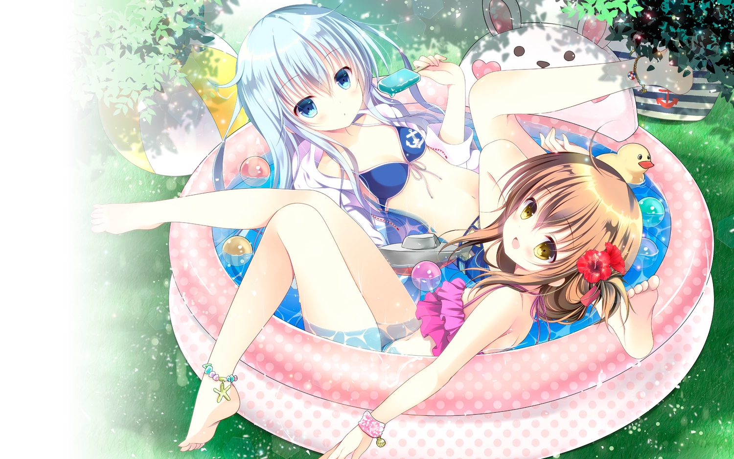 2girls, anthropomorphism, aqua_eyes, ball, barefoot, bikini, blue_hair, brown_hair