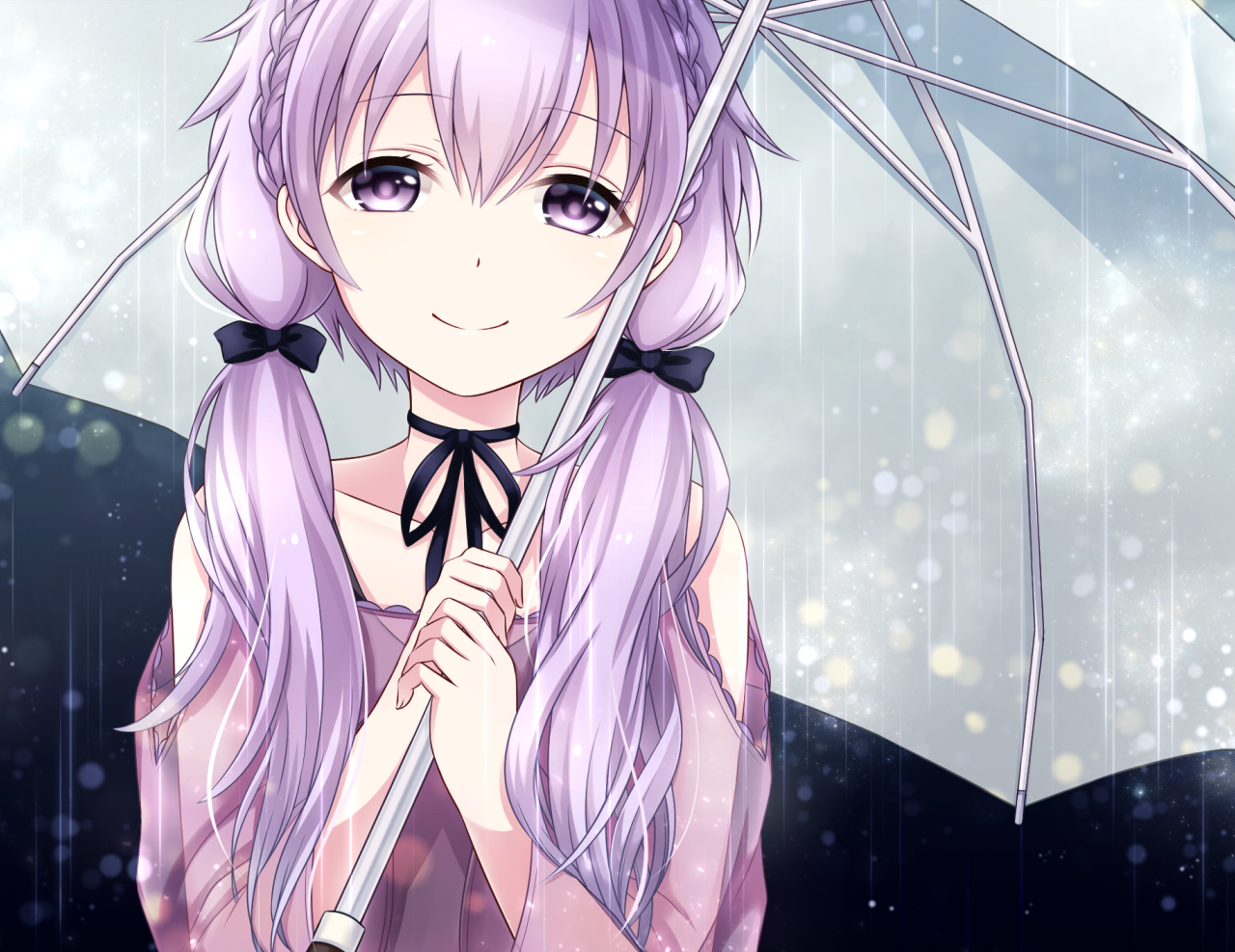 bow, braids, choker, long_hair, purple_eyes, purple_hair, rain, twintails, umbrella, vocaloid, voiceroid, water, yamagara, yuzuki_yukari