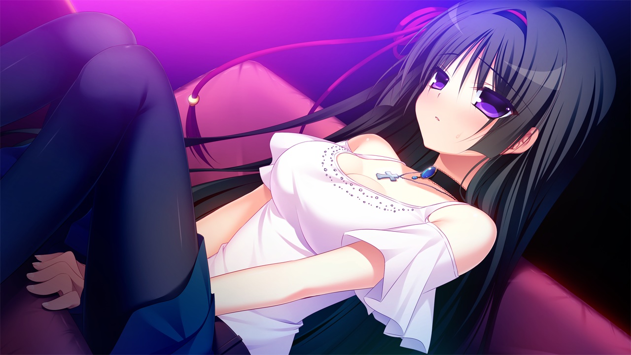 black_hair, breasts, choker, cleavage, cross, front_wing, game_cg, kuchifusa_yogiri, long_hair, nanaca_mai, necklace, pantyhose, pure_girl, purple_eyes, skirt