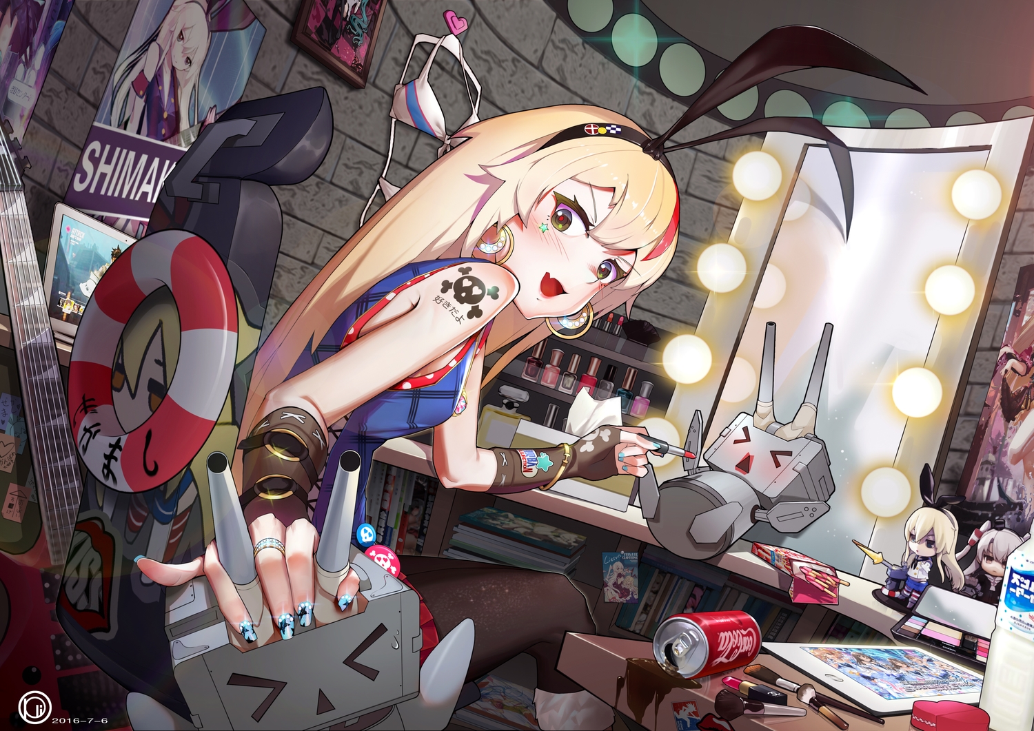 amatsukaze_(kancolle), anthropomorphism, coca_cola, food, idolmaster, idolmaster_cinderella_girls, idolmaster_cinderella_girls_starlight_stage, kantai_collection, oop, pocky, rensouhou-chan, shimakaze_(kancolle), tattoo