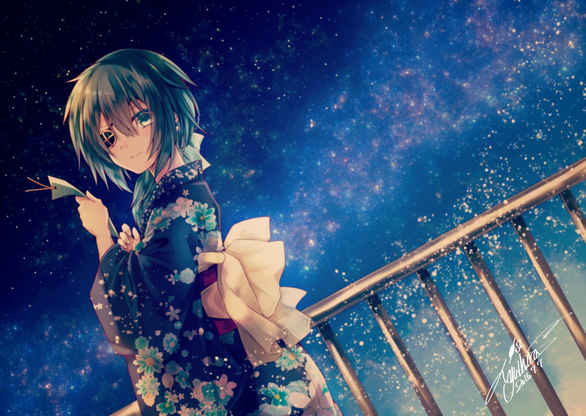 anthropomorphism, aqua_eyes, aqua_hair, eyepatch, japanese_clothes, kantai_collection, kimono, kiso_(kancolle), long_hair, night, ponytail, signed, sky, stars, yuihira_asu