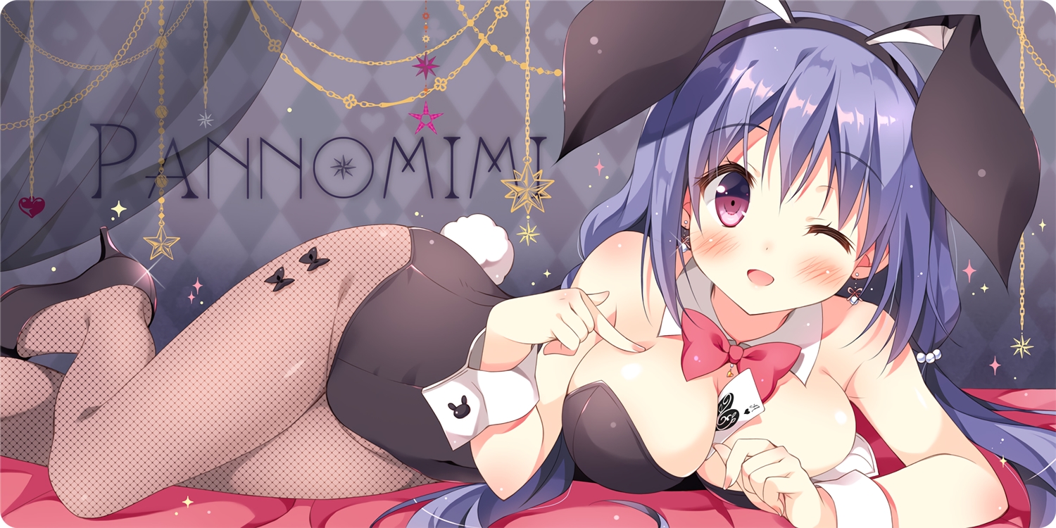 animal_ears, blush, bow, breasts, bunny_ears, bunnygirl, cleavage, long_hair, original, pan_(mimi), pantyhose, pink_eyes, purple_hair, tail, uta-chan_(pan), waifu2x, wink
