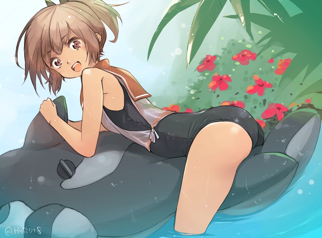 anthropomorphism, ass, brown_eyes, brown_hair, hachimitsu_(hati718), i-401_(kancolle), kantai_collection, ponytail, school_swimsuit, signed, swimsuit, wet
