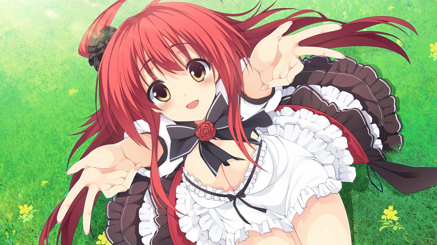 blush, bow, breasts, brown_eyes, cleavage, flowers, grass, green, hokkana, long_hair, original, ponytail, red_hair