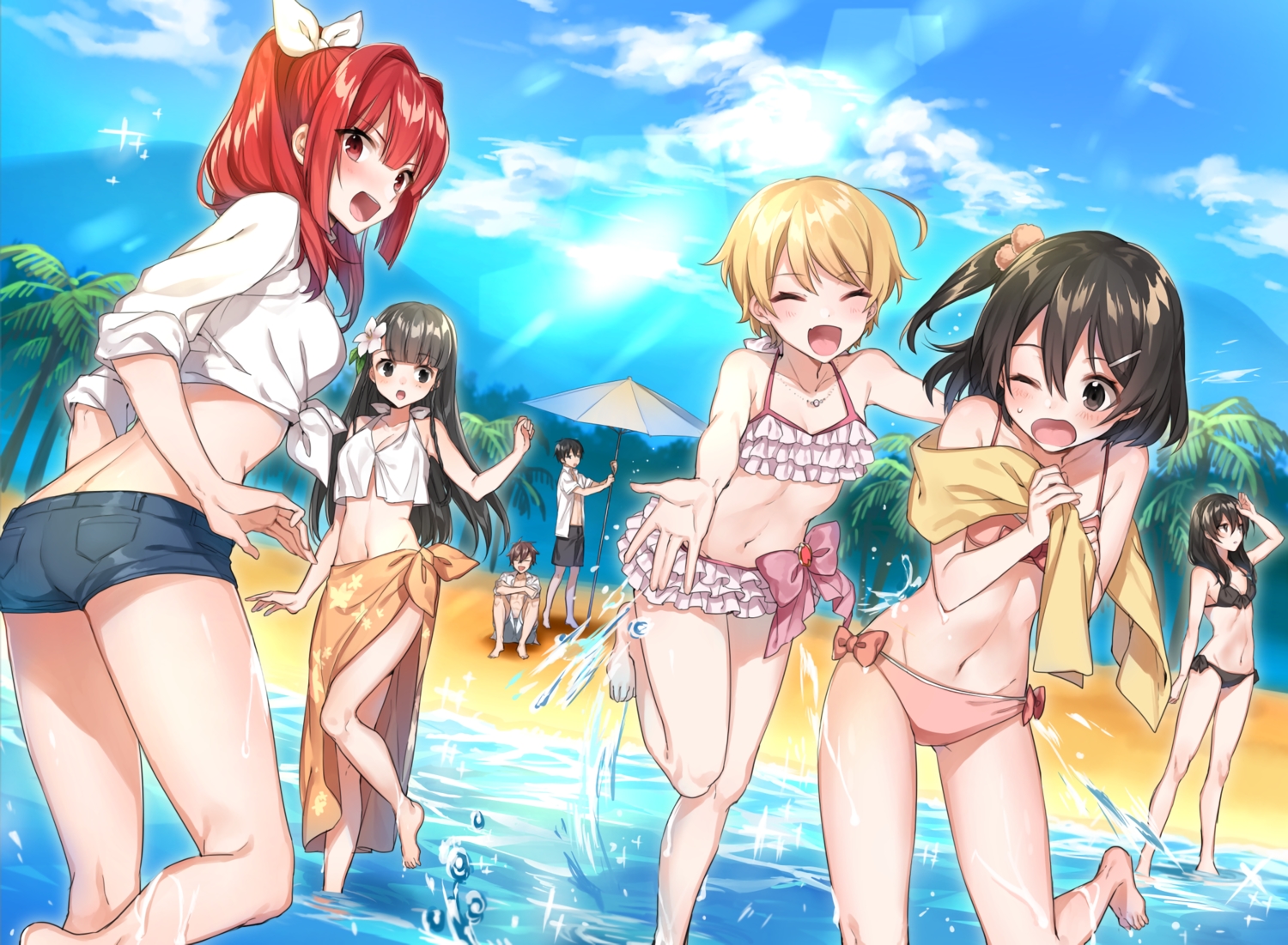 barefoot, beach, bikini, black_eyes, black_hair, blonde_hair, blush, bow, breasts, cleavage, clouds, group, long_hair, male, navel, necklace, original, ponytail, red_eyes, red_hair, shirako_miso, short_hair, shorts, sky, swimsuit, towel, tree, umbrella, waifu2x, water, wet, wink