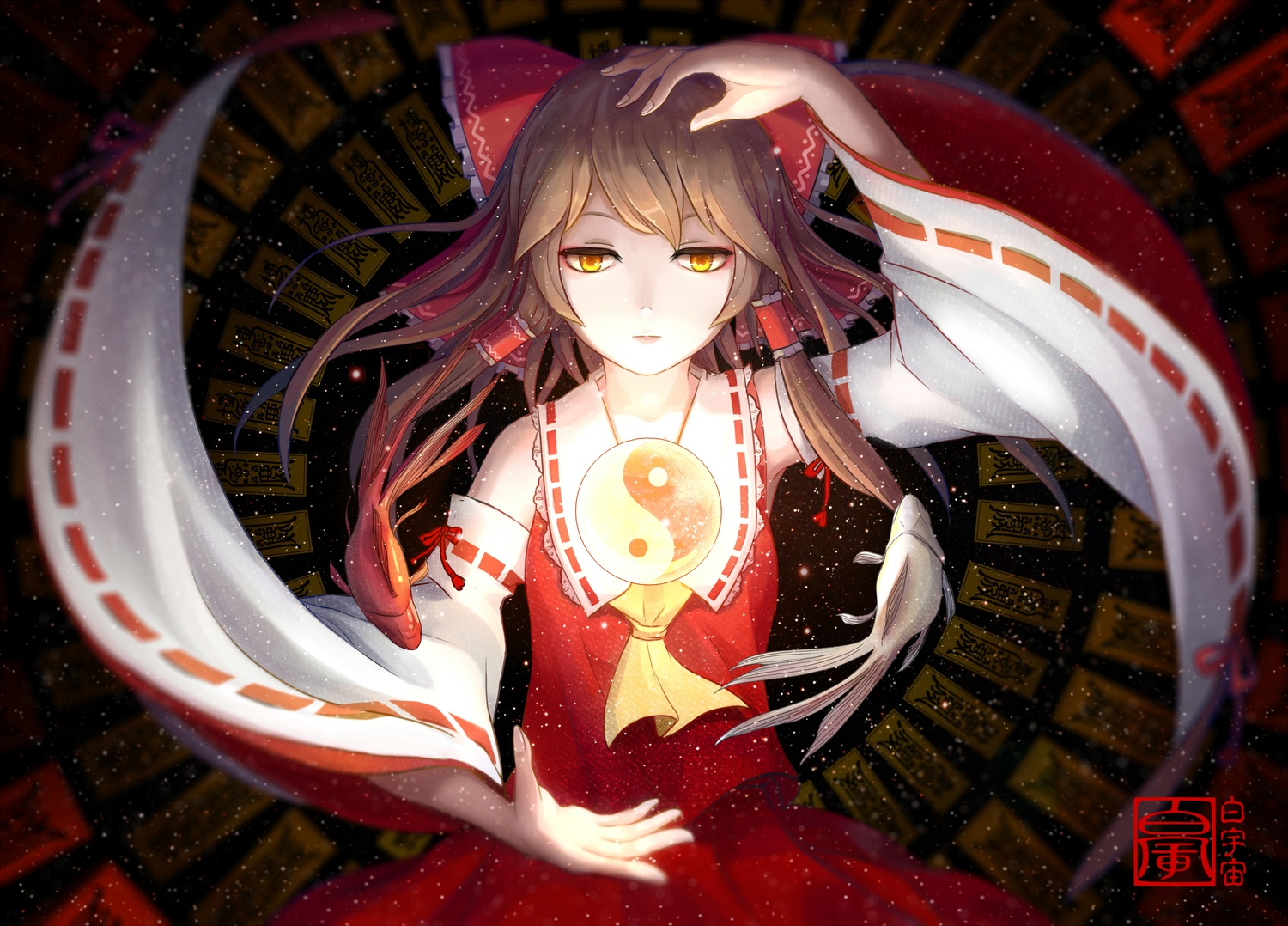 animal, aoiakamaou, brown_hair, dark, fish, hakurei_reimu, japanese_clothes, long_hair