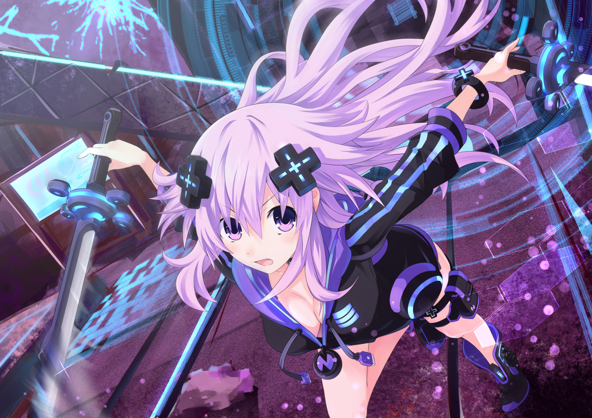 adult_neptune, breasts, cleavage, hyperdimension_neptunia, hyperdimension_neptunia_vii, long_hair, purple_eyes, purple_hair