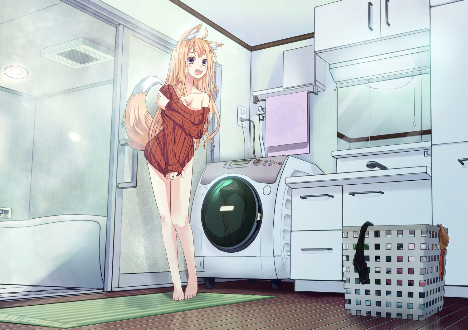 aliasing, animal_ears, barefoot, blush, breasts, cleavage, foxgirl, original, tail, tsukamoto_rinichirou, underwear