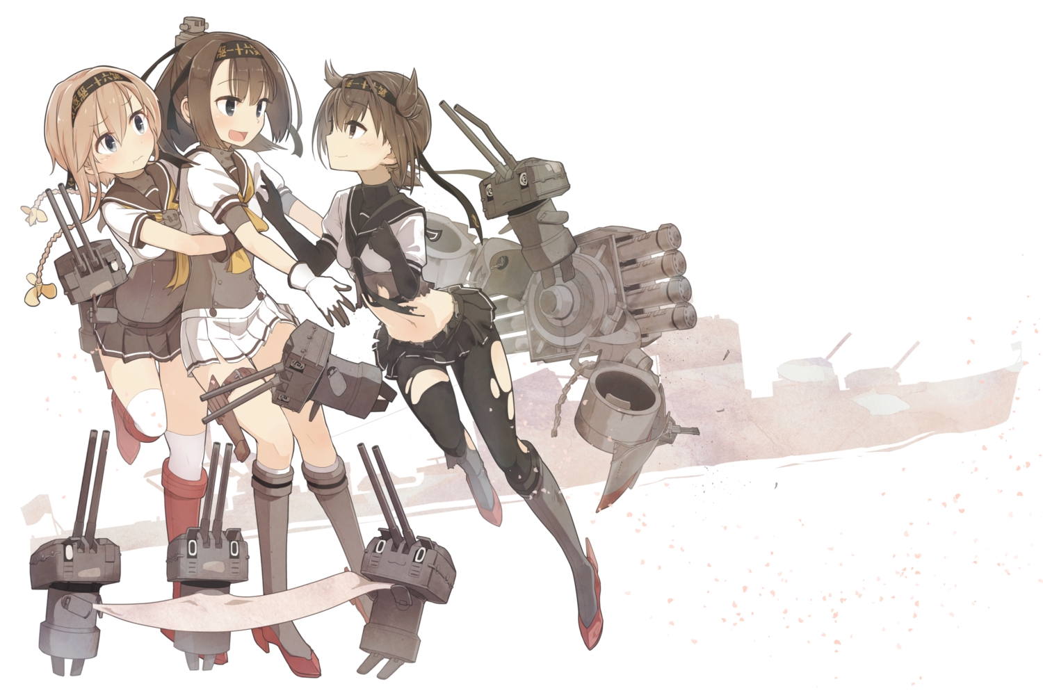akizuki_(kancolle), anthropomorphism, hatsuzuki_(kancolle), hug, kantai_collection, pantyhose, school_uniform, teruzuki_(kancolle), thighhighs, torn_clothes, yopan_danshaku