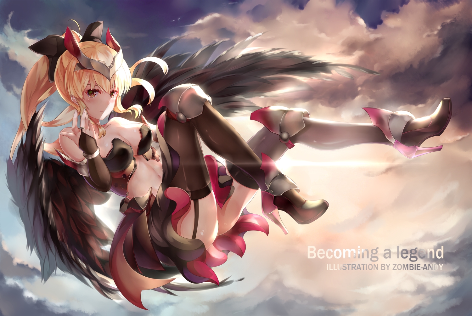 armor, blonde_hair, blush, breasts, clouds, elbow_gloves, garter_belt, gloves, headdress, long_hair, navel, original, ponytail, red_eyes, sky, stockings, thighhighs, wings, zomzomzomsauce