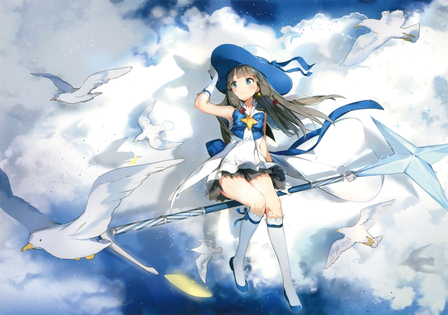 animal, anmi, bird, black_hair, blue_eyes, boots, clouds, elbow_gloves