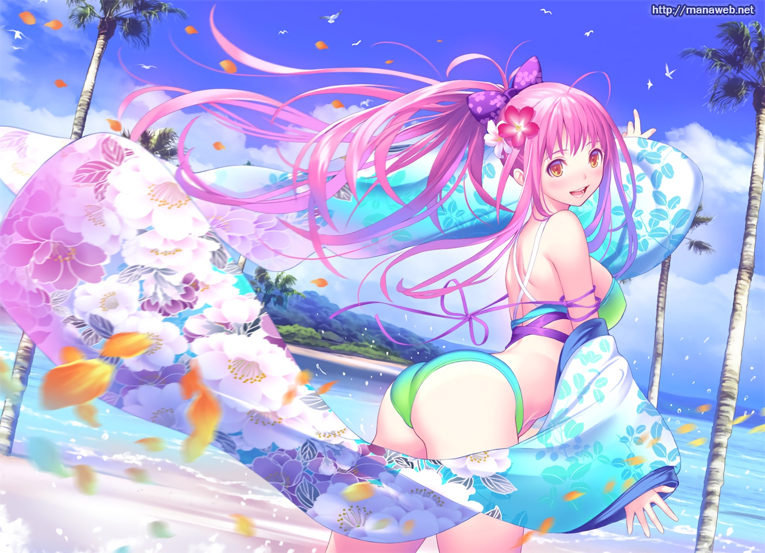 ass, bikini, bow, breasts, bubbles, clouds, flowers, long_hair