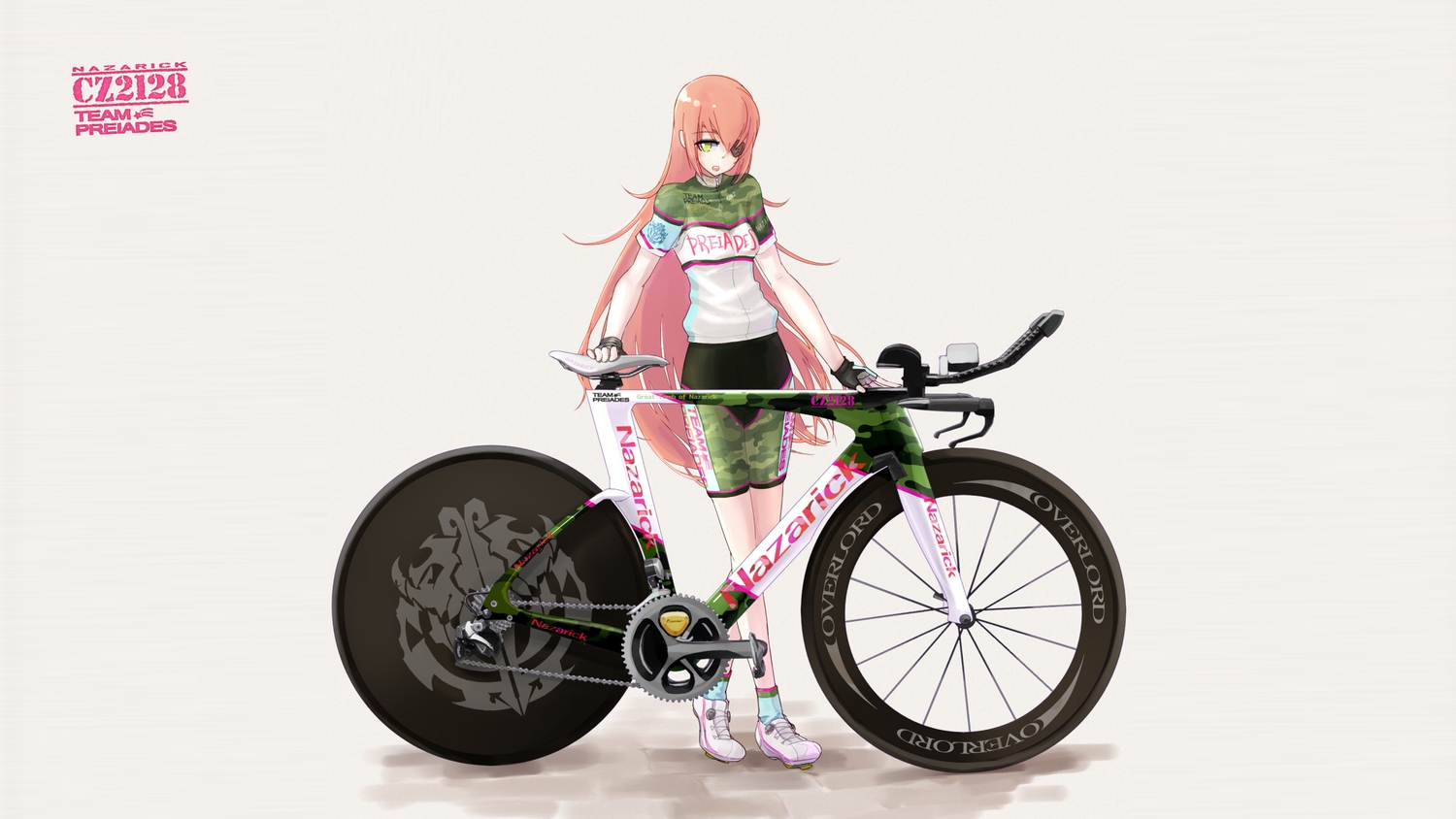 bicycle, bike_shorts, cz2128_delta, eyepatch, long_hair, overlord, pink_hair, shorts, tamagona, yellow_eyes