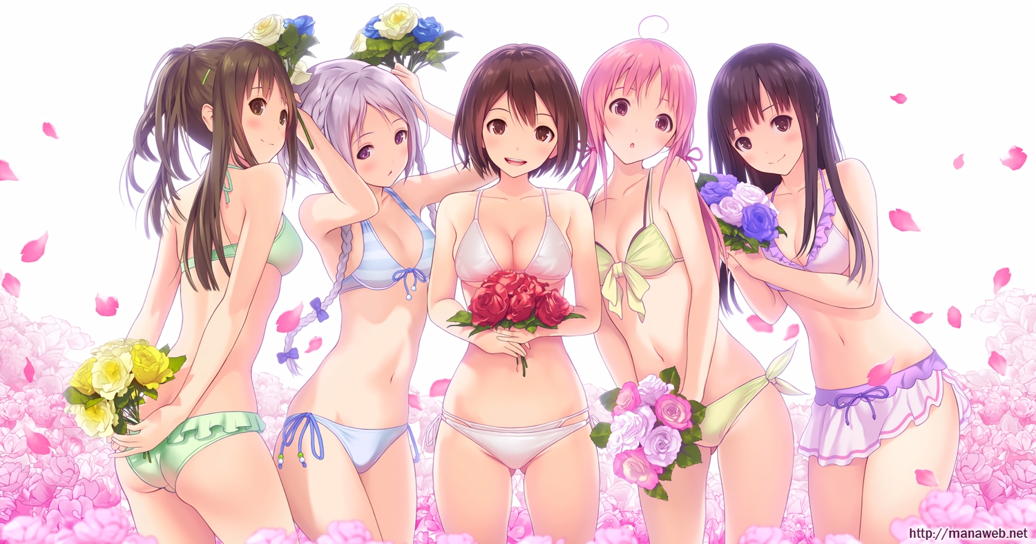 ass, bikini, blush, bow, breasts, brown_eyes, brown_hair, cleavage, flowers, group, long_hair, mana_kakkowarai, navel, original, petals, pink_eyes, pink_hair, ribbons, short_hair, swimsuit, thighhighs, twintails, waifu2x