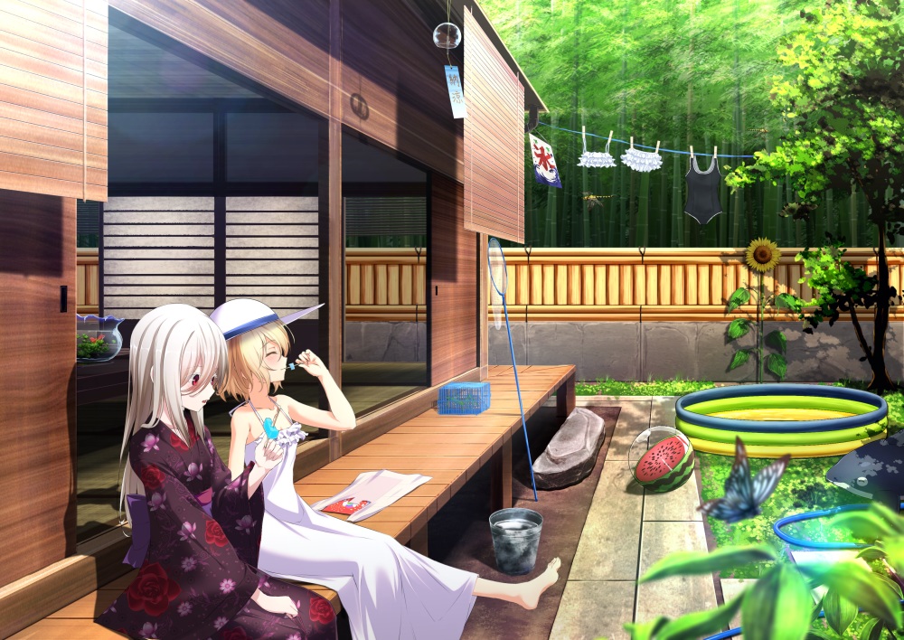 2girls, aono_meri, barefoot, blonde_hair, butterfly, dress, flowers, food