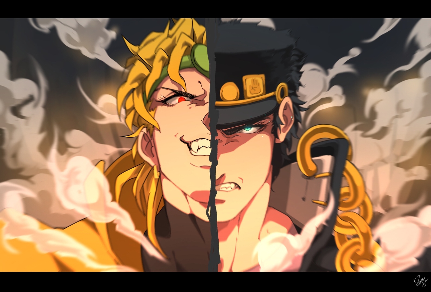 all_male, aqua_eyes, black_hair, blonde_hair, chain, close, dio_brando, fang
