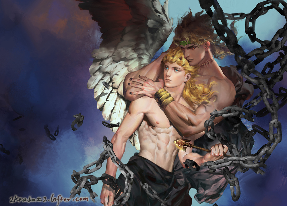 all_male, aqua_eyes, blonde_hair, chain, dio_brando, giorno_giovanna, headband, hug