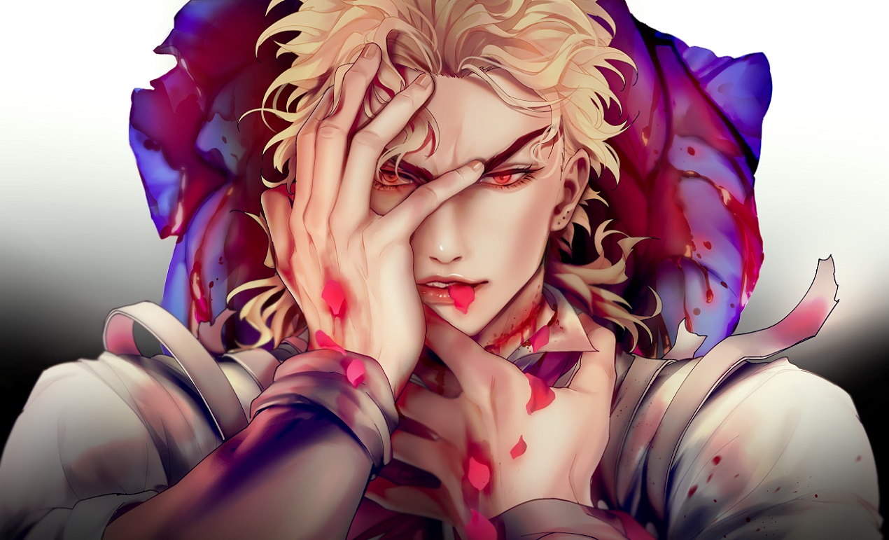 all_male, blonde_hair, blood, close, dio_brando, jojo_no_kimyou_na_bouken, male, petals