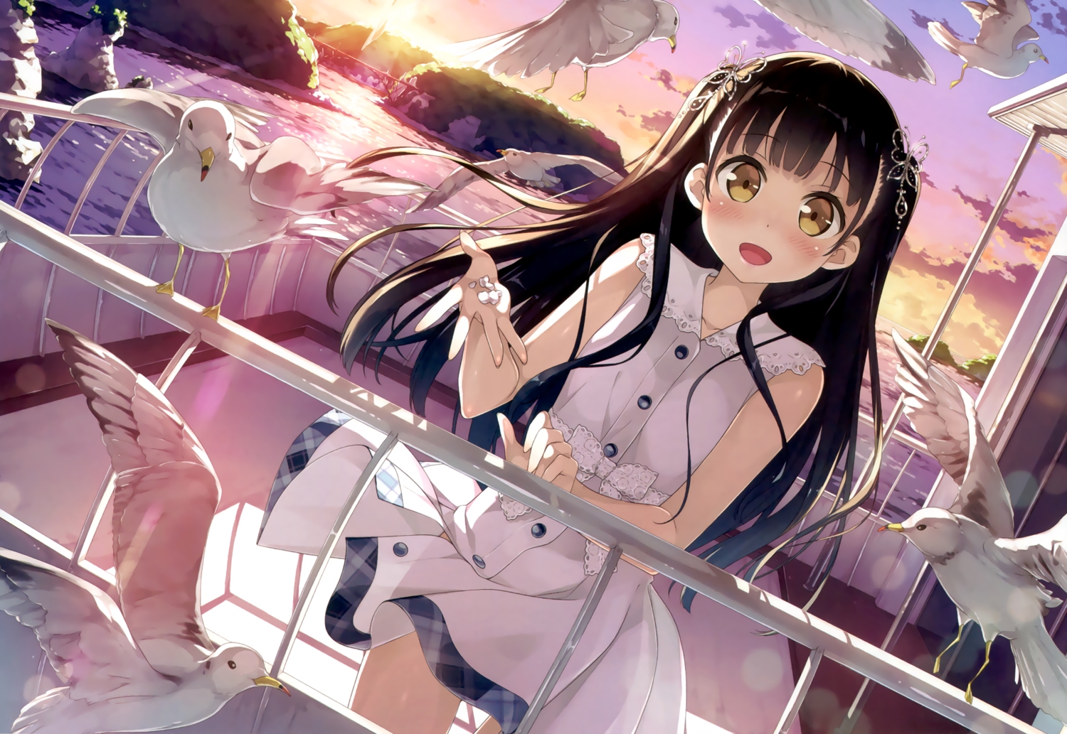 animal, bird, black_hair, blush, clouds, dress, food, kantoku