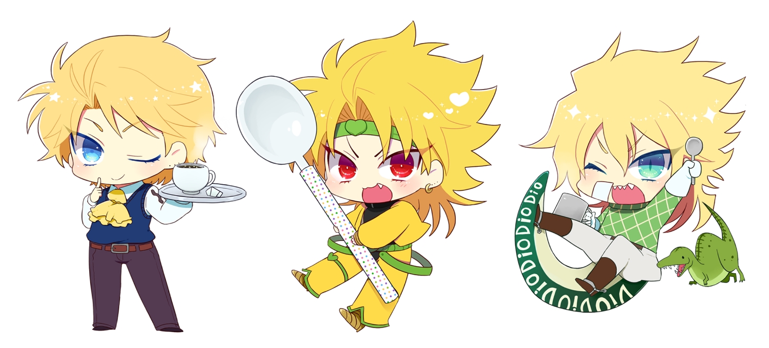 all_male, animal, aqua_eyes, blonde_hair, boots, chibi, diego_brando, dio_brando, drink, fang, headband, jojo_no_kimyou_na_bouken, male, red_eyes, short_hair, tagme_(artist), tail, waifu2x, wink