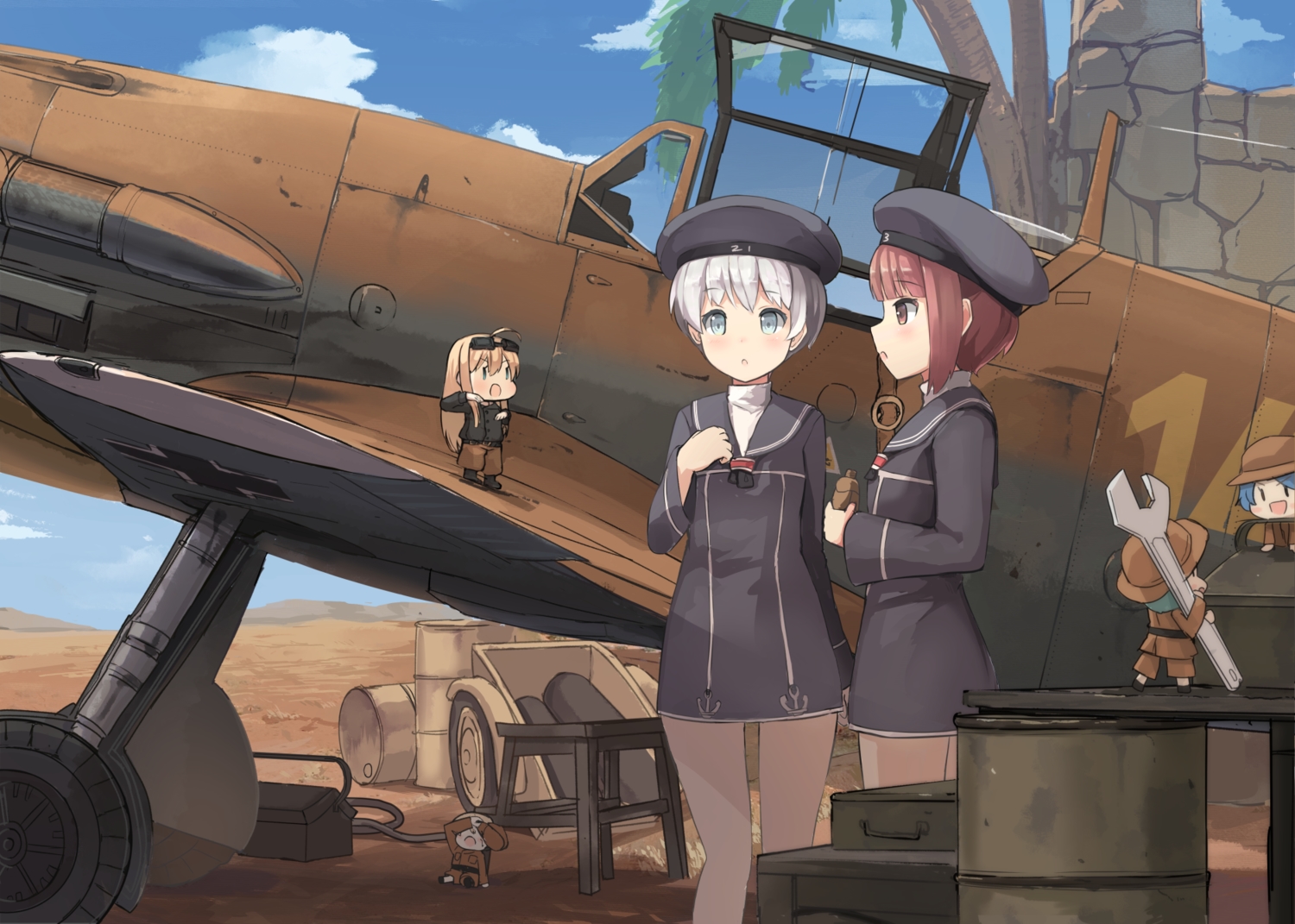 aircraft, anthropomorphism, blonde_hair, blue_eyes, brown_eyes, brown_hair, chibi, fairy_(kancolle)