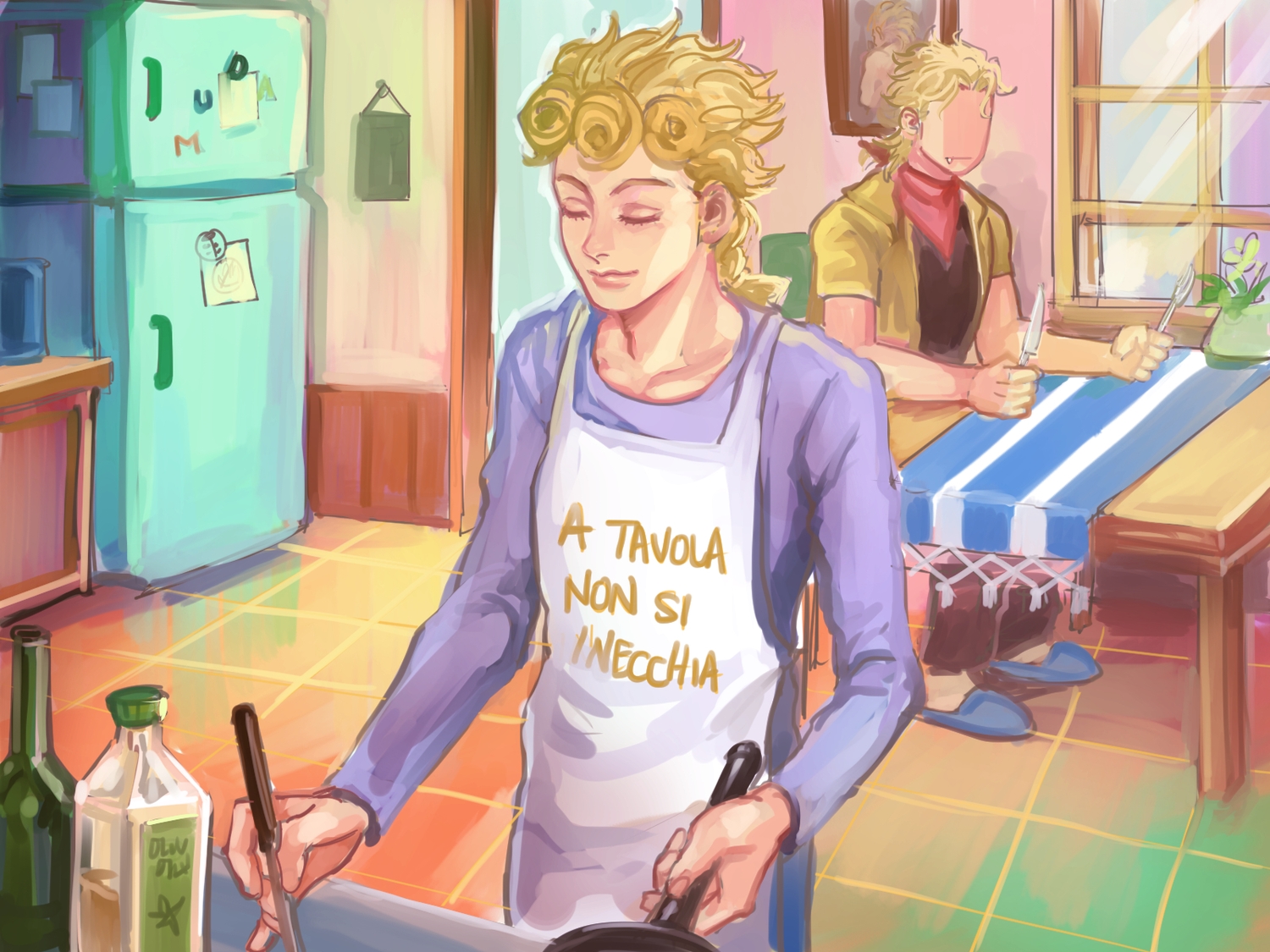 all_male, apron, blonde_hair, dio_brando, fang, giorno_giovanna, jojo_no_kimyou_na_bouken, male