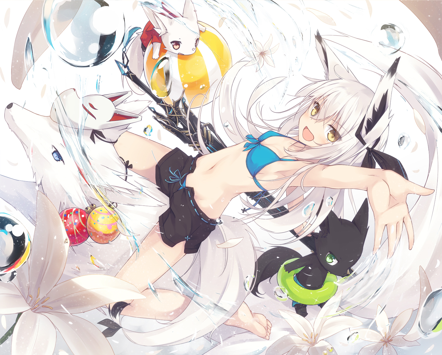 animal, animal_ears, ball, barefoot, bikini, flowers, fox, foxgirl