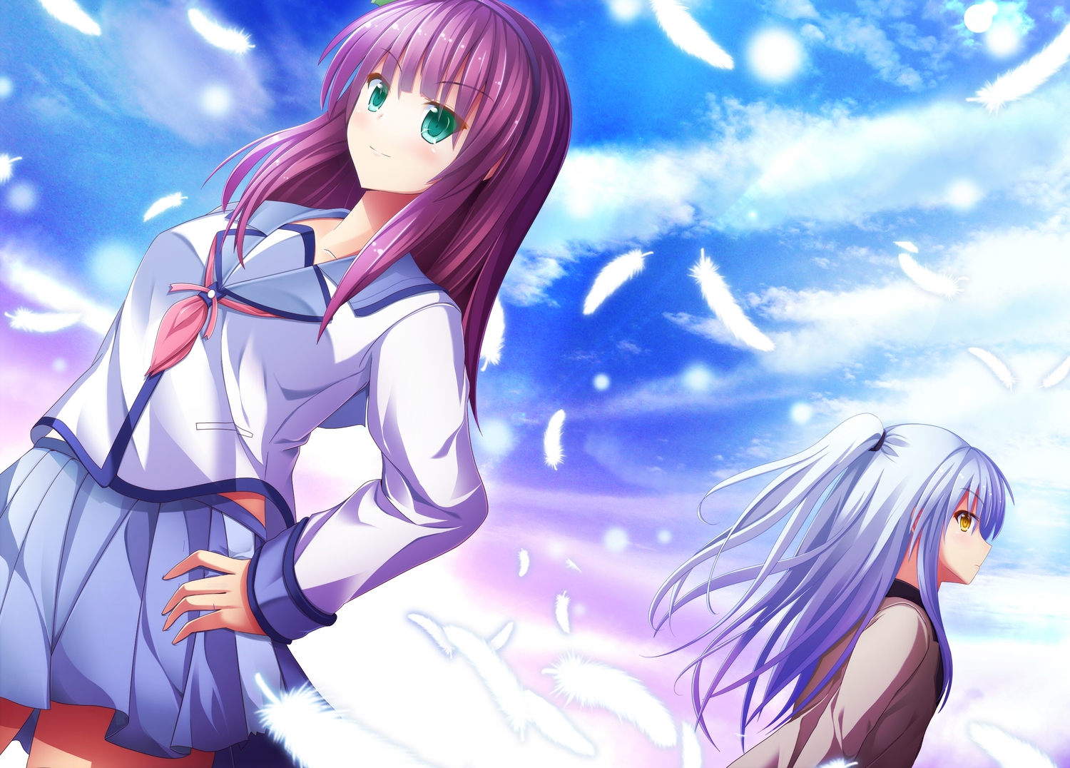 2girls, angel_beats!, aqua_eyes, feathers, headband, ichiki_yuu, long_hair, nakamura_yuri, red_hair, school_uniform, skirt, tachibana_kanade, white_hair, yellow_eyes