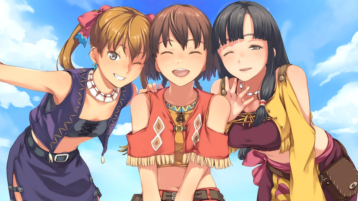 amy_(suisei_no_gargantia), black_eyes, black_hair, brown_hair, gray_eyes, kamo_(gafas), long_hair, melty_(suisei_no_gargantia), navel, necklace, saaya_(suisei_no_gargantia), short_hair, suisei_no_gargantia, third-party_edit