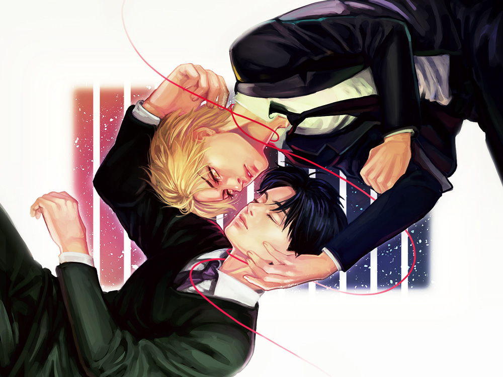 all_male, black_hair, blonde_hair, dio_brando, jojo_no_kimyou_na_bouken, jonathan_joestar, male, short_hair, suit, tagme_(artist), tie, yellow_eyes