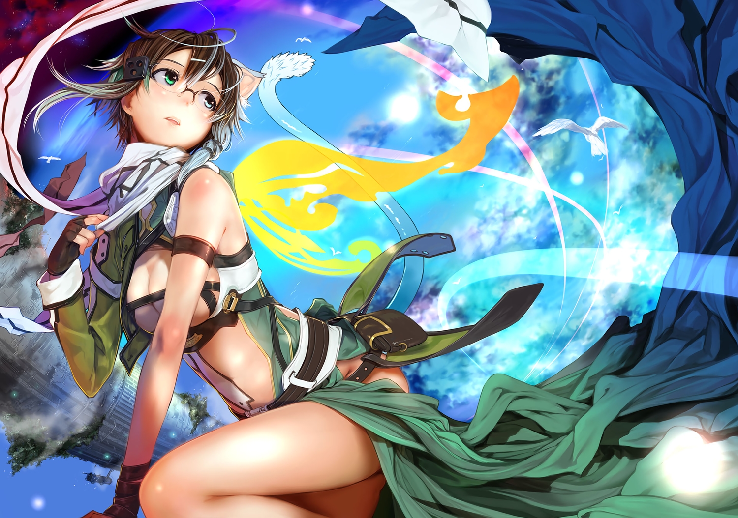 animal_ears, bicolored_eyes, breasts, cleavage, clouds, glasses, gloves, gun_gale_online, mikazuki_akira, nopan, scarf, shinon_(sao), short_hair, sky, sword_art_online, tail