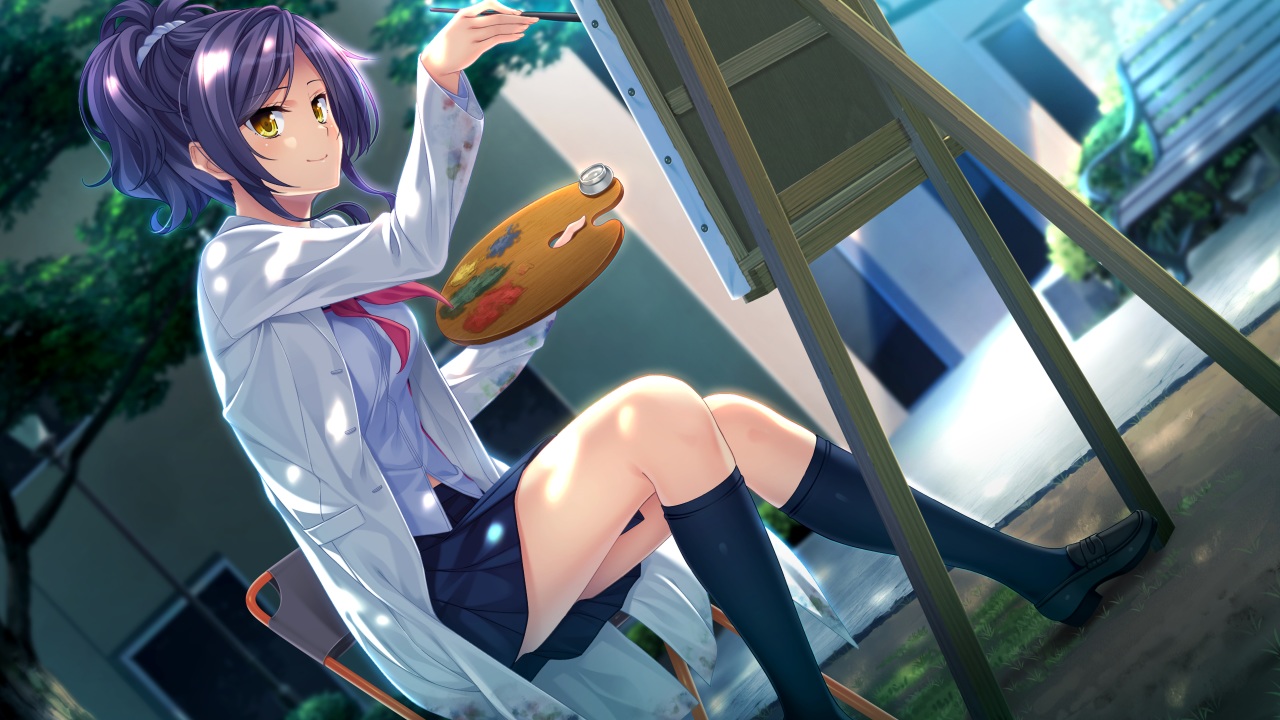 erisaka_mifuyu, game_cg, kneehighs, moonstone, ponytail, purple_hair, sakura_no_mori_dreamers, school_uniform, shade, yamakaze_ran, yellow_eyes