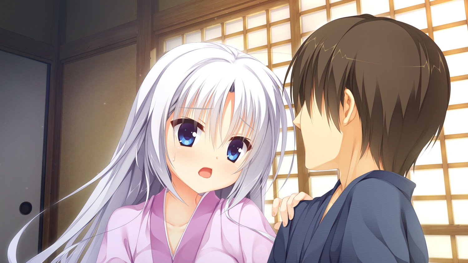 aqua_eyes, brown_hair, game_cg, japanese_clothes, kobuichi, long_hair, male, senren_banka