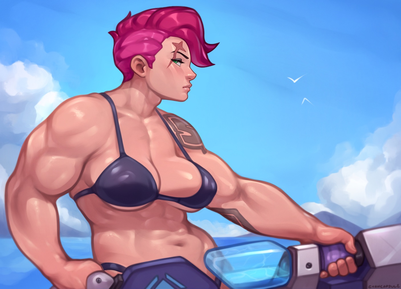 bikini, breasts, cleavage, clouds, cyancapsule, green_eyes, gun, navel