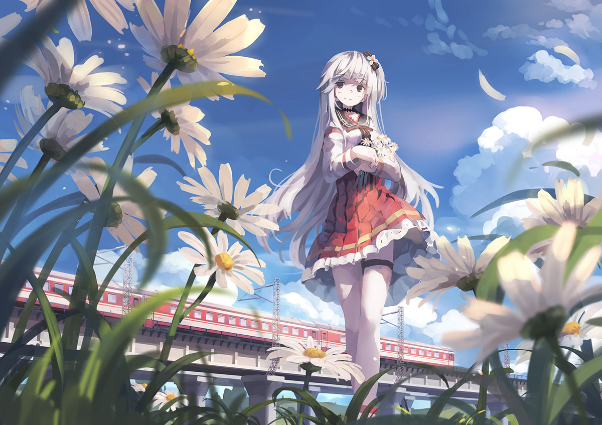 brown_eyes, choker, clouds, dress, flowers, garter, huanxiang_huifeng, long_hair