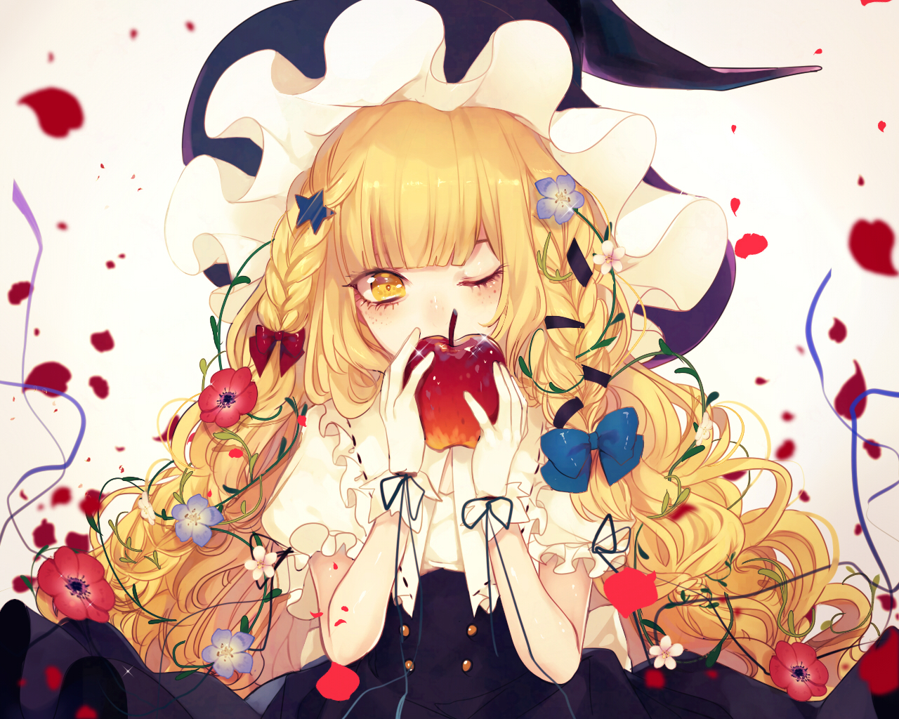 apple, blonde_hair, bow, collar, daimaou_ruaeru, flowers, food, fruit