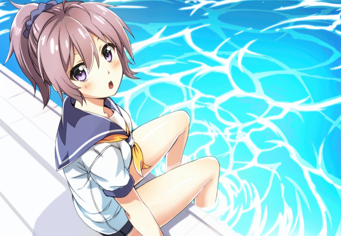 anthropomorphism, aoba_(kancolle), blush, brown_hair, kantai_collection, ponytail, pool, purple_eyes, school_uniform, water, zero_(miraichizu)