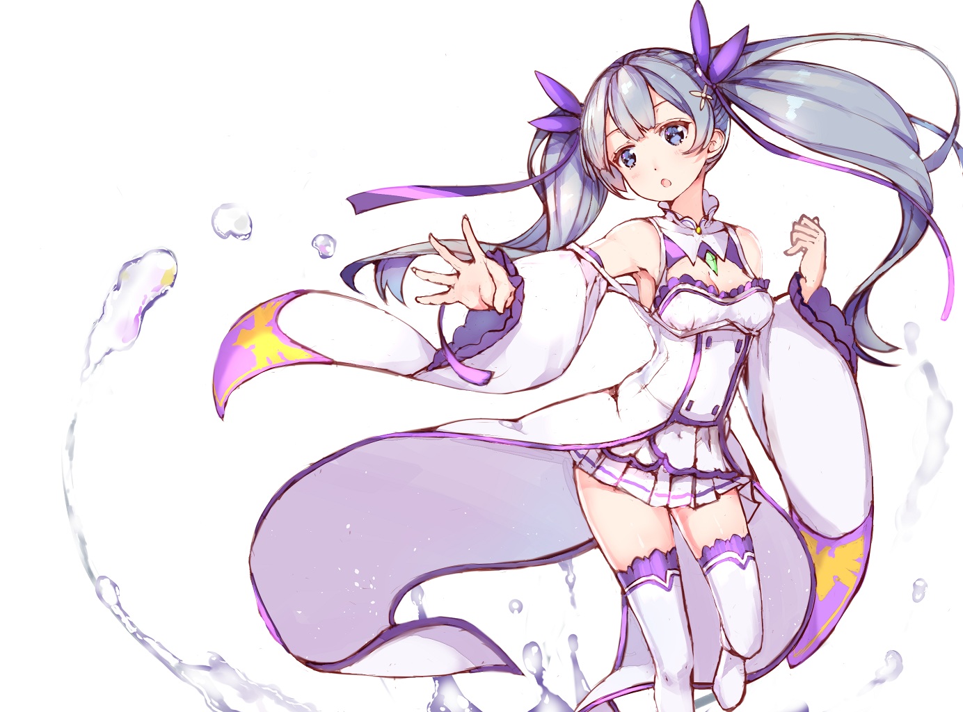 blue_eyes, blue_hair, boots, breasts, cleavage, collar, cosplay, hatsune_miku, long_hair, re:zero_kara_hajimeru_isekai_seikatsu, ribbons, skirt, thighhighs, twintails, vocaloid, water, zettai_ryouiki, z_shichao
