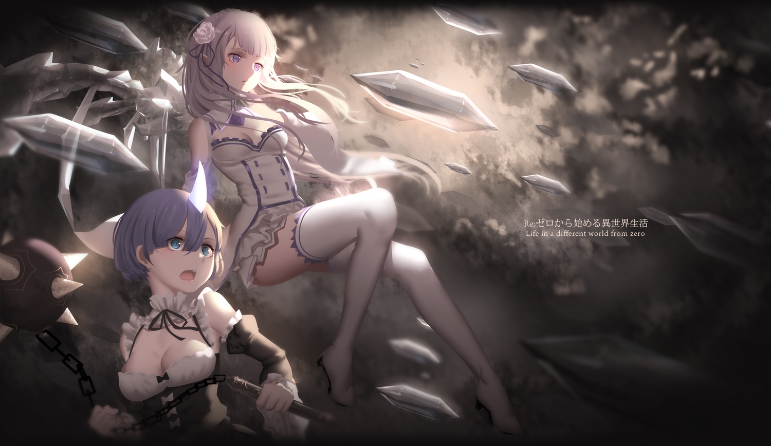 2girls, aqua_eyes, blue_hair, boots, breasts, cleavage, collar, emilia_(re:zero)