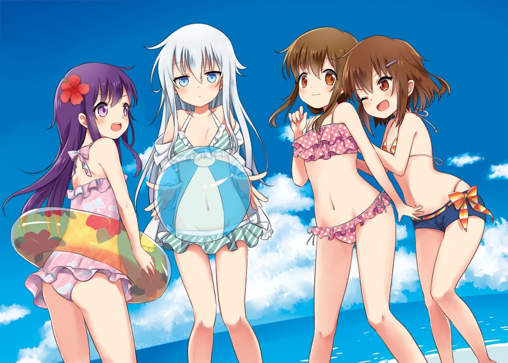 akatsuki_(kancolle), anthropomorphism, ass, ball, bikini, blue_eyes, blush, bow, brown_eyes, brown_hair, clouds, flowers, group, hibiki_(kancolle), ikazuchi_(kancolle), inazuma_(kancolle), kantai_collection, loli, long_hair, moca_blanc, purple_eyes, purple_hair, short_hair, shorts, sky, swim_ring, swimsuit, thighhighs, water, white_hair